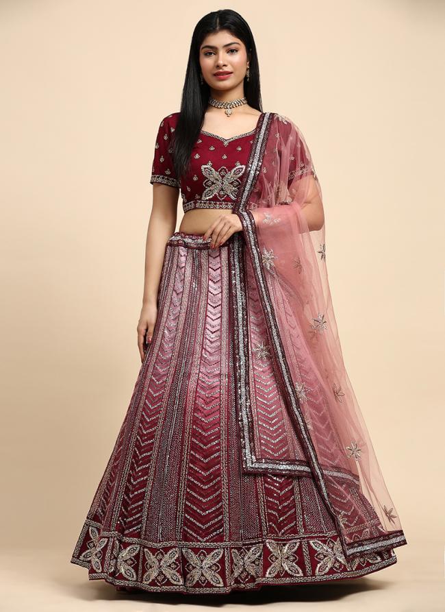 Fancy Net Maroon Wedding Wear Sequence Embroidery Work Readymade Lehenga Choli